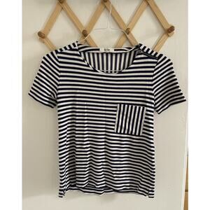 Madewell Top Women's XS T-Shirt White Navy Stripes Short Sleeves Zip Detail